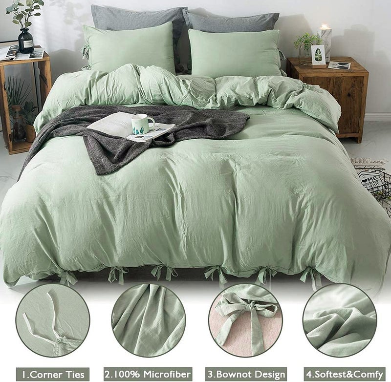 annadaif Sage Green Duvet Cover Full Size, 3 Pieces Soft Washed Microfiber Duvet Cover Set, Comforter Cover with Bowknot Bow Tie (1 Duvet Cover 79x90 Inch, 2 Pillowcases) Easy Care Bedding Set - Image 2